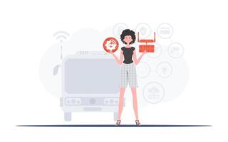 iot concepto. un mujer sostiene el Internet de cosas logo en su manos. enrutador y servidor. bueno para sitios web y presentaciones de moda plano estilo. vector ilustración.