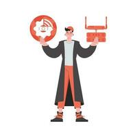 A man holds an internet thing icon in his hands. Router and server. Internet of things concept. Isolated. Vector illustration in flat style.