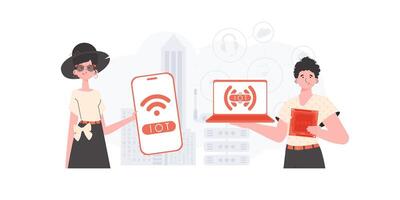 IoT concept. A man and a woman are a team in the field of the Internet of things. Good for websites and presentations. Vector illustration.