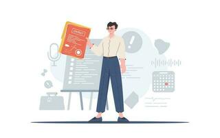 The man is holding a contract. The character is depicted in full growth. The concept of concluding contracts. Trend style, vector illustration.