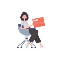 un mujer se sienta en un silla y sostiene un panel con analizadores y indicadores en su manos. iot concepto. aislado. vector ilustración.