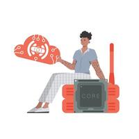 The guy sits on the router and holds the internet of things logo in his hands. IoT concept. Isolated. illustration in flat style. vector