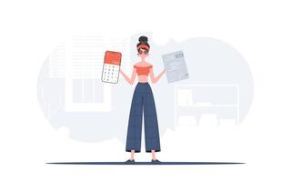 The girl is holding a calculator and a tax form in her hands. The concept of payment and calculation of taxes. Trend style, illustration. vector