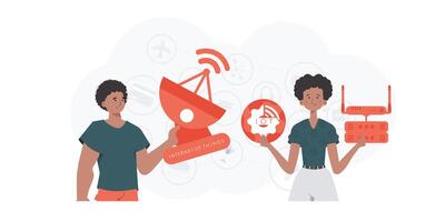 IOT and automation concept. A man and a woman are a team in the field of the Internet of things. Good for websites and presentations. Vector illustration.