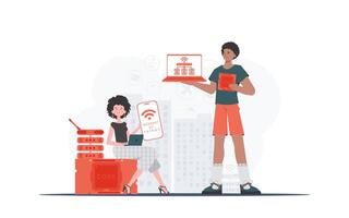 IOT and automation concept. The girl and the guy are a team in the field of Internet of things. Good for presentations and websites. Vector illustration in trendy flat style.