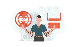 IoT concept. A man holds the internet of things logo in her hands. Router and server. Good for websites and presentations. Trendy flat style. Vector illustration.