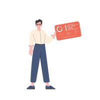 A man holds a panel with analyzers and indicators in his hands. IoT concept. Isolated. illustration. vector