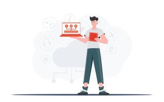 A man holds a laptop and a processor chip in his hands. Internet of things concept. Trendy flat style. Vector illustration.