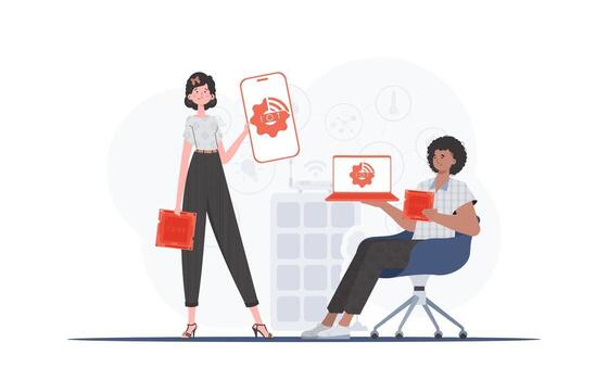 IOT and automation concept. Internet of Things Team. Good for presentations and websites. illustration in flat style. vector