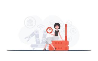 Internet of things concept. A woman holds the internet of things logo in her hands. Router and server. Good for websites and presentations. Vector illustration in trendy flat style.