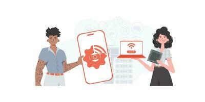 iot concepto. un hombre y un mujer son un equipo en el campo de el Internet de cosas. bueno para presentaciones y sitios web vector ilustración en plano estilo.