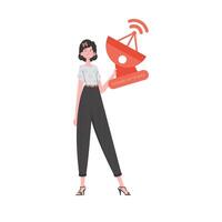 Internet of things and automation concept. A woman holds a satellite dish in her hands. Isolated on white background. Vector illustration in trendy flat style.