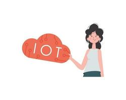 un mujer sostiene el iot logo en su manos. iot concepto. aislado. vector ilustración en plano estilo.