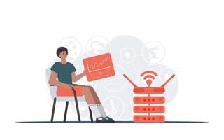 Internet of things and automation concept. A man sits in a chair and holds a panel with analyzers and indicators in his hands. Good for websites and presentations. Vector illustration in flat style.