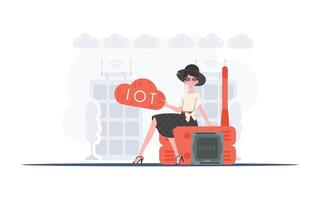 IoT concept. A woman sits on a router and holds the internet of things logo in her hands. Vector illustration in trendy flat style.