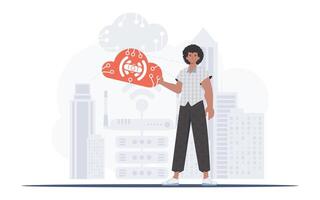 The guy is holding an internet thing icon in his hands. IOT and automation concept. Good for websites and presentations. Trendy flat style. . vector