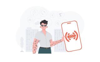 Internet de cosas y automatización concepto. un hombre sostiene un teléfono con el iot logo en su manos. vector. vector