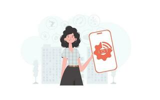 IoT concept. A woman holds a phone with the IoT logo in her hands. Trendy flat style. Vector illustration.