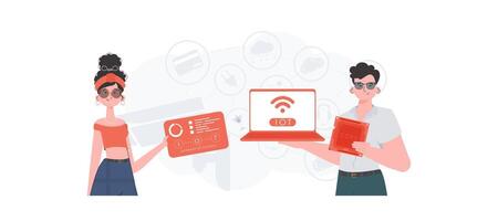 A man and a woman are a team in the field of the Internet of things. IoT concept. Good for presentations and websites. illustration. vector