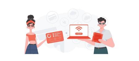 un hombre y un mujer son un equipo en el campo de el Internet de cosas. iot concepto. bueno para presentaciones y sitios web vector ilustración.