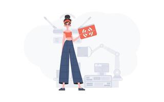 A woman is holding an internet thing icon in her hands. Internet of things concept. Good for presentations and websites. illustration in trendy flat style. vector