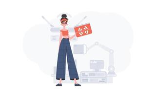 un mujer es participación un Internet cosa icono en su manos. Internet de cosas concepto. bueno para presentaciones y sitios web vector ilustración en de moda plano estilo.