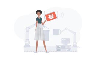 A woman is holding an internet thing icon in her hands. IoT concept. Good for websites and presentations. Trendy flat style. Vector. vector