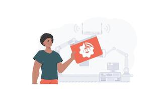 The guy is holding an internet thing icon in his hands. Internet of things concept. Good for presentations and websites. illustration in trendy flat style. vector