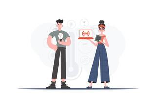 The girl and the guy are a team in the field of Internet of things. Internet of things concept. Good for websites and presentations. Vector illustration in flat style.