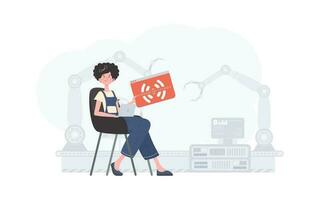 un mujer es participación un Internet cosa icono en su manos. iot concepto. bueno para presentaciones y sitios web vector ilustración en plano estilo.