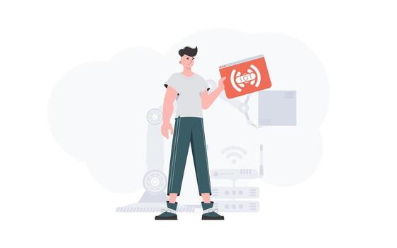 The guy is holding an internet thing icon in his hands. IoT concept. Good for presentations and websites. illustration in trendy flat style. vector