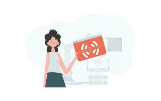 un mujer es participación un Internet cosa icono en su manos. Internet de cosas concepto. bueno para presentaciones y sitios web de moda plano estilo. vector. vector