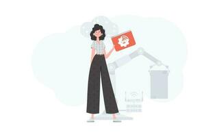 un mujer es participación un Internet cosa icono en su manos. iot concepto. bueno para presentaciones y sitios web vector ilustración en de moda plano estilo.