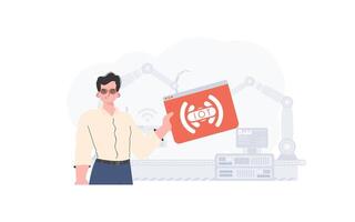 The guy is holding an internet thing icon in his hands. Internet of things concept. Good for presentations and websites. Vector illustration.