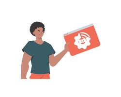 The guy holds the IoT logo in his hands. Internet of things and automation concept. Isolated. illustration in flat style. vector