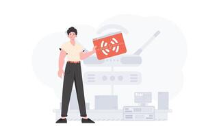 The guy is holding an internet thing icon in his hands. IoT concept. Good for presentations and websites. Vector illustration.