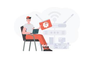 The guy is holding an internet thing icon in his hands. Internet of things concept. Good for websites and presentations. illustration in flat style. vector