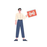 A man holds an IoT logo in his hands. IOT and automation concept. Isolated. illustration in flat style. vector