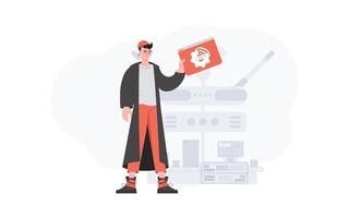 The guy is holding an internet thing icon in his hands. IoT concept. Good for websites and presentations. Vector illustration.