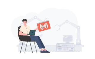 The guy is holding an internet thing icon in his hands. Internet of things concept. Good for websites and presentations. Vector illustration.