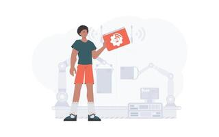 The guy is holding an internet thing icon in his hands. IoT concept. Good for websites and presentations. Trendy flat style. . vector