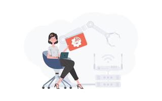 A woman is holding an internet thing icon in her hands. Internet of things concept. Good for presentations and websites. Trendy flat style. . vector
