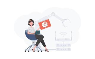 un mujer es participación un Internet cosa icono en su manos. Internet de cosas concepto. bueno para presentaciones y sitios web de moda plano estilo. vector. vector