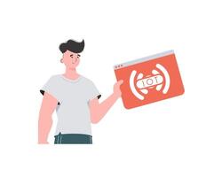 el chico sostiene el iot logo en su manos. Internet de cosas y automatización concepto. aislado. vector. vector