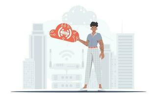 The guy is holding an internet thing icon in his hands. IOT and automation concept. Good for websites and presentations. Vector illustration.