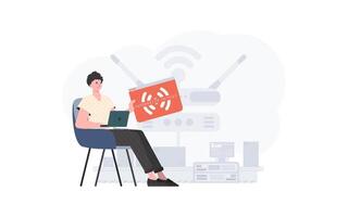 The guy is holding an internet thing icon in his hands. Internet of things concept. Good for presentations and websites. illustration in flat style. vector