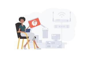 A woman is holding an internet thing icon in her hands. IoT concept. Good for websites and presentations. illustration in flat style. vector
