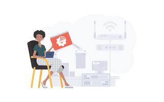 un mujer es participación un Internet cosa icono en su manos. iot concepto. bueno para sitios web y presentaciones vector ilustración en plano estilo.