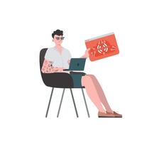 A man holds an IoT logo in his hands. IoT concept. Isolated. illustration in trendy flat style. vector