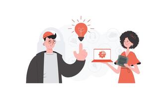 The girl and the guy are a team in the field of Internet of things. IoT concept. Good for presentations and websites. Trendy flat style. Vector. vector